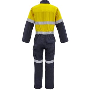 A work overall in orange and dark blue, featuring hoop tape reflective stripes and a logo on the back.