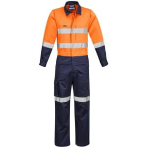 Rugged men's overall in orange and navy, featuring reflective stripes and a logo on the chest.