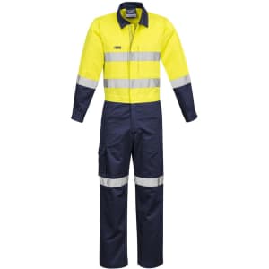 Bright yellow and navy overall featuring reflective strips, two chest pockets, and a logo. Suitable for work settings.