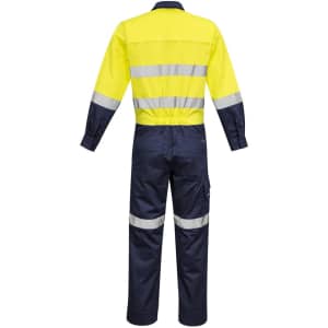 A high-visibility overall in yellow and navy with reflective strips, featuring a logo and long sleeves.
