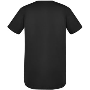 A black men's t-shirt featuring short sleeves and a rounded hem. It has a brand logo on the back.