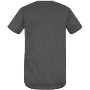 A grey men's T-shirt with short sleeves and a rounded hem, featuring a branding logo.