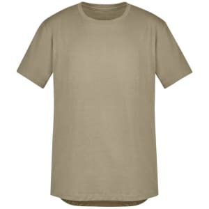A khaki short-sleeved men's t-shirt with a straight cut and a logo. Designed for casual wear.