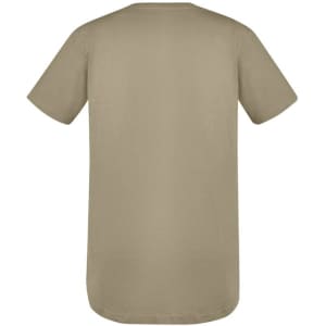 A khaki green short-sleeved T-shirt with a rounded hem and a logo on the back.