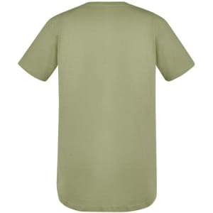 A green men's t-shirt with short sleeves and a rounded hem, featuring a logo on the back.