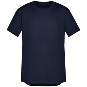 A navy blue men's T-shirt with a crew neck and short sleeves, featuring a logo.