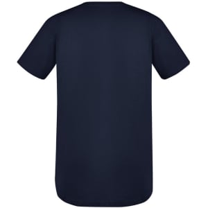 A navy blue men's T-shirt with short sleeves and a rounded hem, featuring a logo.