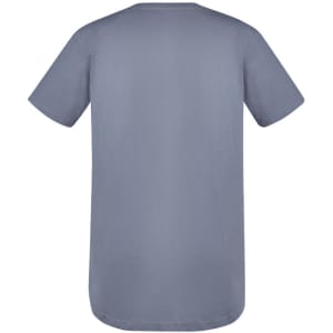 A grey men's T-shirt with short sleeves and a rounded hem, featuring a logo on the back.