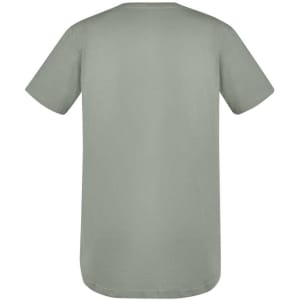 A light green men's t-shirt with short sleeves and a rounded hem, featuring a logo on the back.
