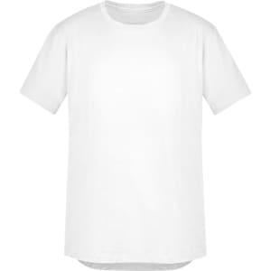 A plain white T-shirt featuring short sleeves and a rounded neckline, with a subtle logo present.