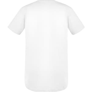 A plain white men's t-shirt featuring short sleeves and a crew neck. It has a branding logo on the back.