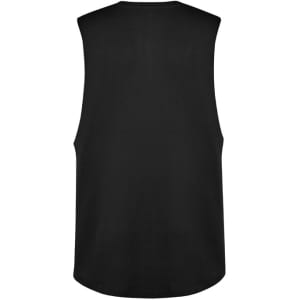 A black sleeveless tee with a rounded hem and a simple design. It features a logo on the back.