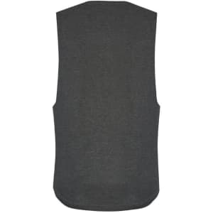A dark grey sleeveless tee with a rounded bottom hem and no front design. It features a logo on the back.