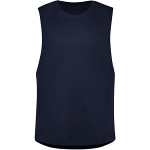 A navy sleeveless tee in a classic design with a rounded hem and branding. Suitable for casual wear.