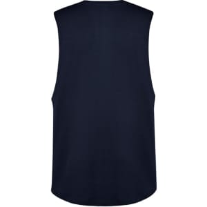 A sleeveless tee in navy blue, featuring a smooth back design and a logo on the front.
