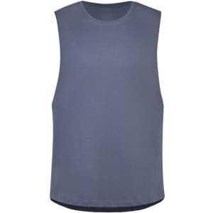 A sleeveless tee in a blue-grey colour with a black hem and a logo. Ideal for casual wear.