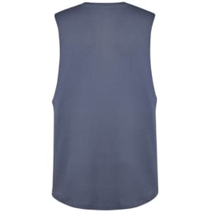 A sleeveless tee in a dark blue colour with a rounded hem and a simple design. It features a logo.