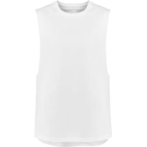A white sleeveless tee with a relaxed fit, featuring a simple design and no visible branding.