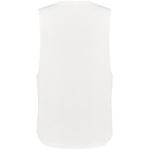 A sleeveless tee in white, featuring a simple design and a logo on the back.