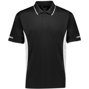 A black short sleeve polo shirt with white side panels and a branding logo.