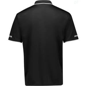 A black short sleeve polo with a collar, featuring a logo and contrasting trim around the neck and sleeves.