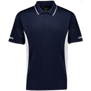 A navy short sleeve polo with white side panels and a logo on the chest.