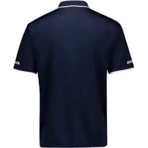 A navy short sleeve polo shirt with a contrasting collar and a logo. The back view shows a clean, simple design.