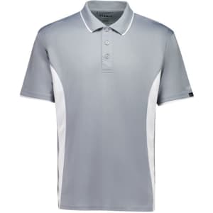 A light grey short sleeve polo shirt with white side panels and a collar, featuring a logo on the sleeve.