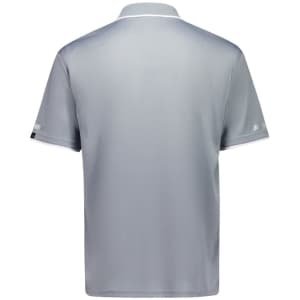 A grey short sleeve polo shirt with a collar, featuring a logo on the sleeve.