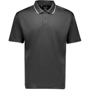 A men's short sleeve polo in dark grey with a contrasting collar and an embedded logo.