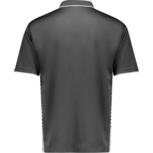 A men's short sleeve polo in grey, featuring a logo, with a smooth fabric and a classic collar design.