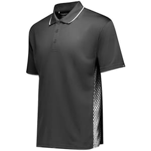 A grey short sleeve polo shirt with a contrasting mesh side panel and a logo on the collar.