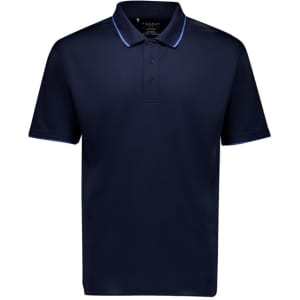 A navy blue men's short sleeve polo shirt with contrasting trim and a collar. It features a logo on the chest.
