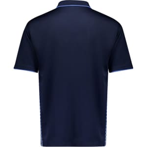 A navy short sleeve polo shirt featuring a subtle logo on the back and contrasting details.