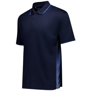 A navy blue men's short sleeve polo shirt with a patterned side panel and a collar. It features a logo.
