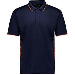 A navy short sleeve polo with orange accents and a logo on the chest. Suitable for casual or sporty occasions.