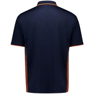 A navy blue polo shirt with short sleeves and patterned side panels, featuring a logo.