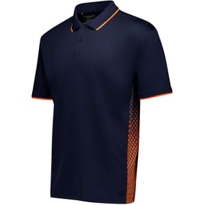 A navy short sleeve polo with an orange trim and a textured side panel. It features a collar and structured fit.