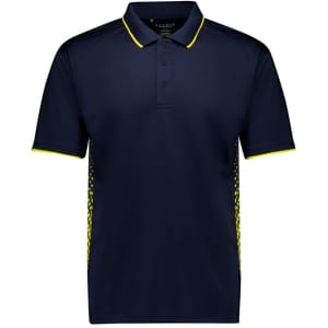 A navy short sleeve polo with yellow accents and a logo on the chest. It features a classic polo collar.
