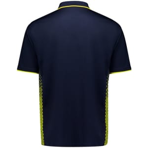 A men's short sleeve polo in navy with bright yellow accents and a branded logo on the back.