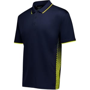 A navy short sleeve polo featuring a yellow trim and a patterned design on the sides. Includes a logo.