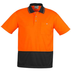 Unisex hi-vis short sleeve polo in bright orange with black bottom and a pocket, featuring a logo.