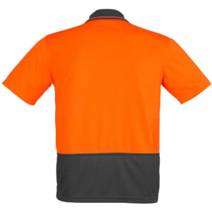 A short sleeve polo shirt in bright orange and dark grey, featuring a collar and a logo.