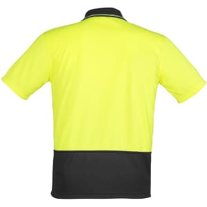 A unisex short sleeve polo shirt in high visibility yellow with a black lower section and branding on the back.