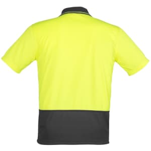 A high visibility yellow unisex short sleeve polo shirt with a dark grey lower panel and a collar, featuring a logo.