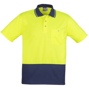 A bright yellow unisex short sleeve polo shirt with a navy blue bottom and a pocket, featuring a logo.