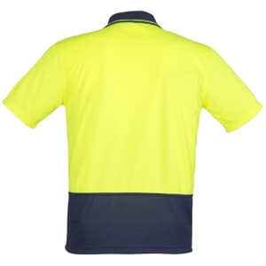 A bright yellow unisex short sleeve polo shirt featuring a navy blue band at the bottom and a logo on the back.