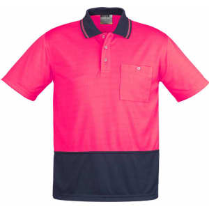 A vibrant pink and navy unisex short sleeve polo shirt featuring a pocket and a logo.