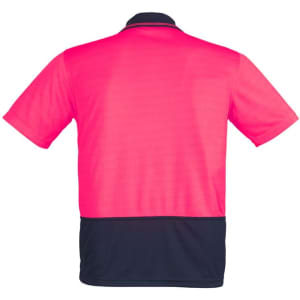 A bright pink and navy unisex short sleeve polo shirt with a logo on the back.