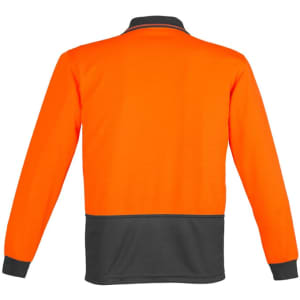 A long sleeve unisex polo in high visibility orange with a black lower panel, featuring a collar and cuffs.